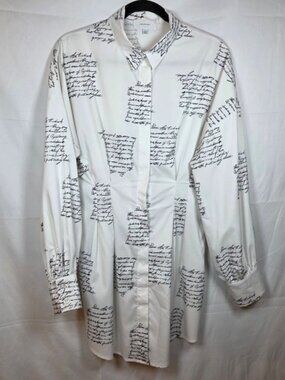 HALFHEART Script Print Button Down Shirt Dress Large White Black SMX190861